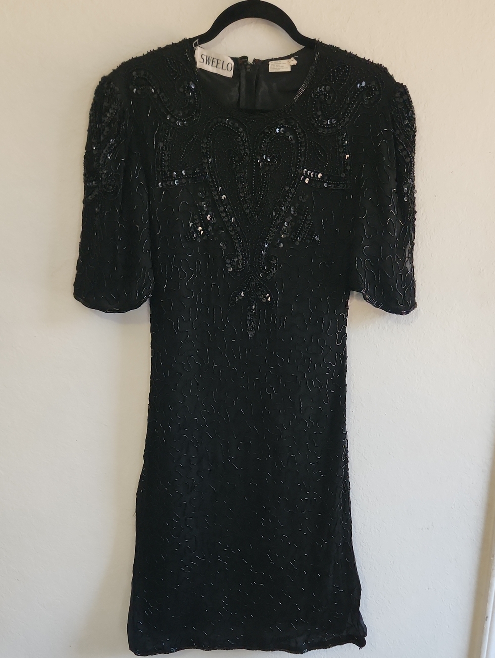 Vintage Formal Glam 80s 90s 100% Silk Beaded Sequin Cocktail Dress Black S